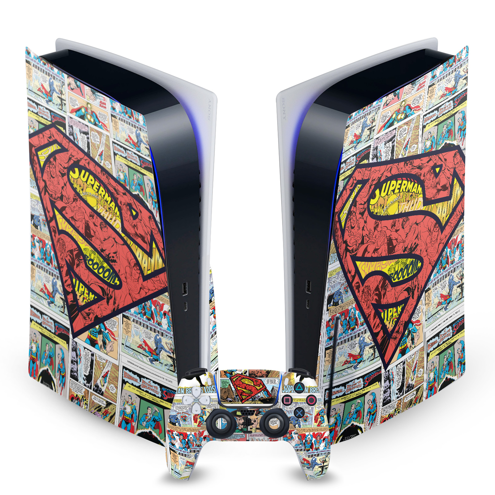 SUPERMAN DC COMICS LOGOS AND COMIC BOOK VINYL SKIN SONY PS5 DISC EDITION BUNDLE