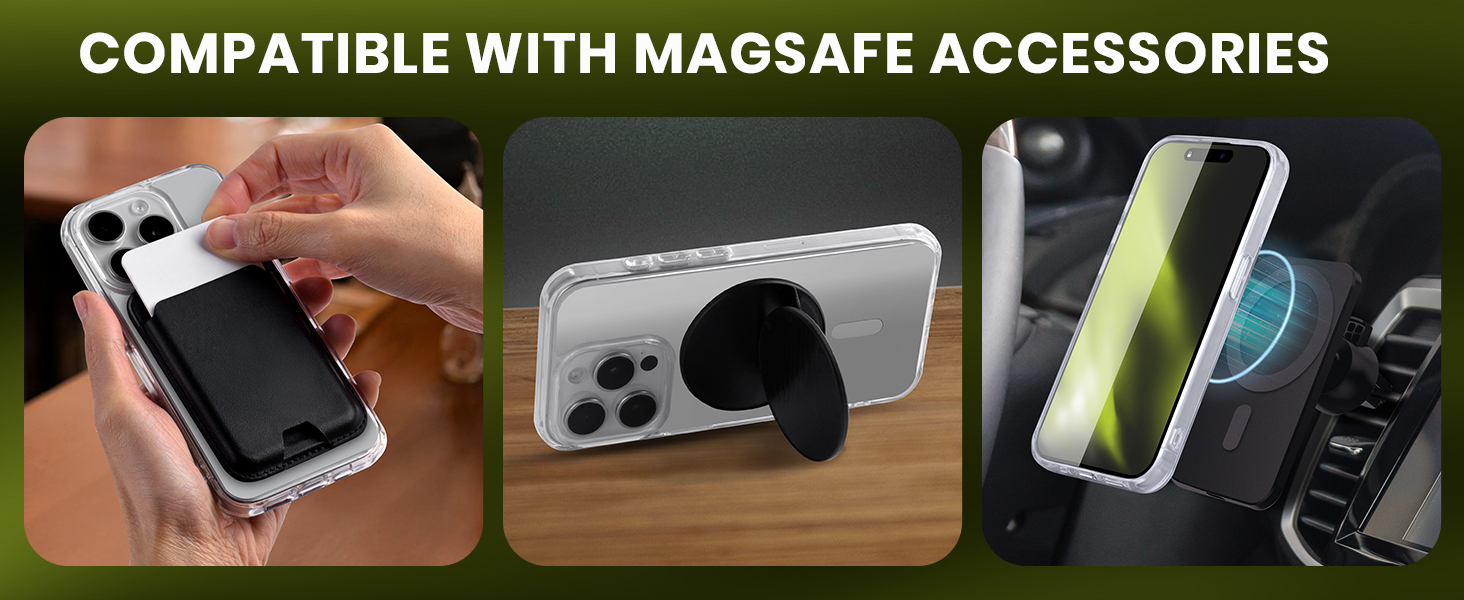 Compatible with MagSafe accessories - wallet, stand and car mount
