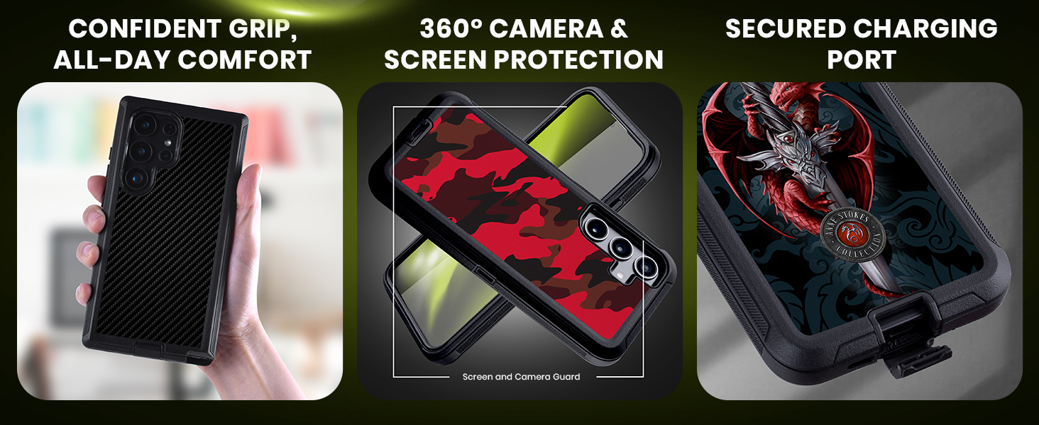 Confident grip and all-day comfort, 360Â° camera and screen protection, secured charging port