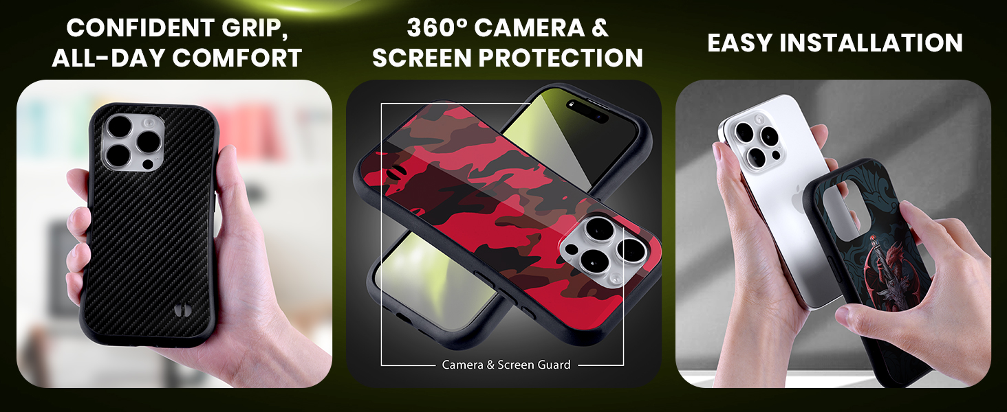 Confident grip and all-day comfort, 360° camera and screen protection, easy installation