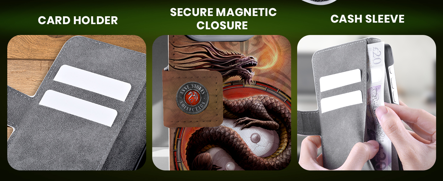 Card holder, secure magnetic closure and cash sleeve